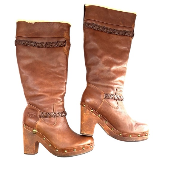 UGG Brown 70’s Sherpa Lined Studded Platform Retro Heel Leather Boots (7) - Picture 1 of 14